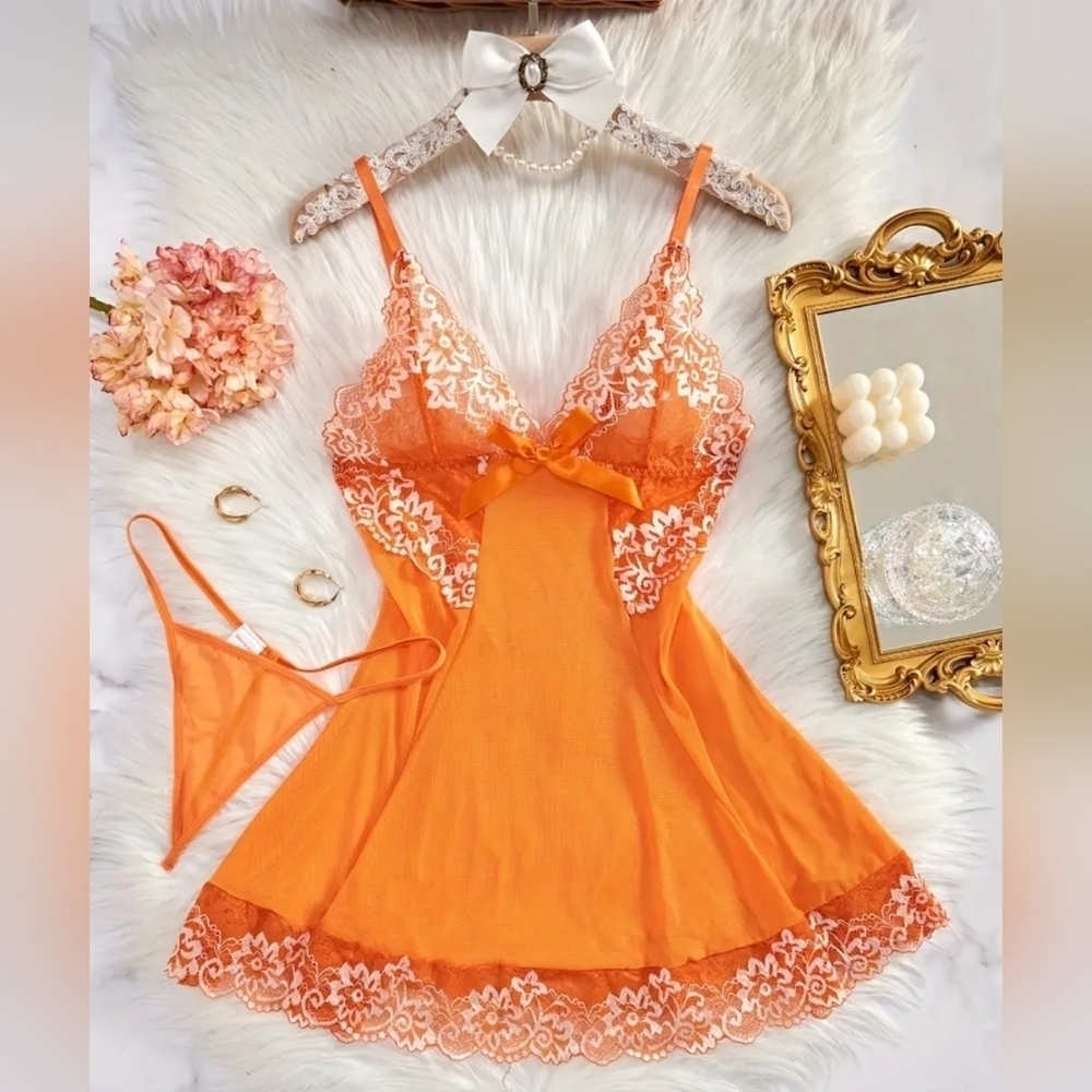 2 For $40 New! Elegant Orange Lace Chemise Set Size Medium NWT!